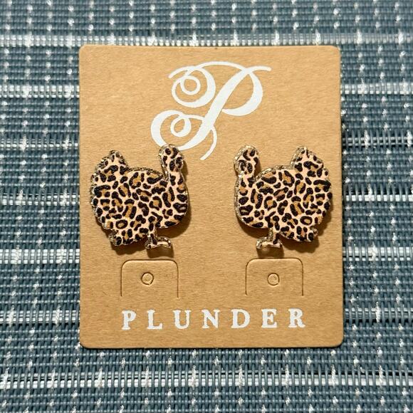 New Plunder “Turkey Day” Acrylic Cheetah Print Turkey Stud Earrings (0.75”) - Picture 1 of 2